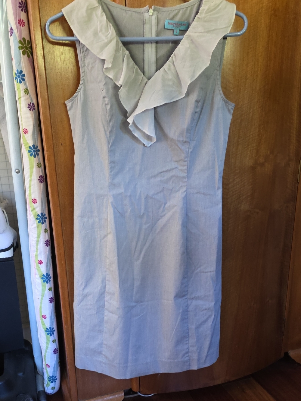 Baby Blue Line Sleeveless Ruffle V-Neck Shift Dress in Light Grey & Cream Ruffle